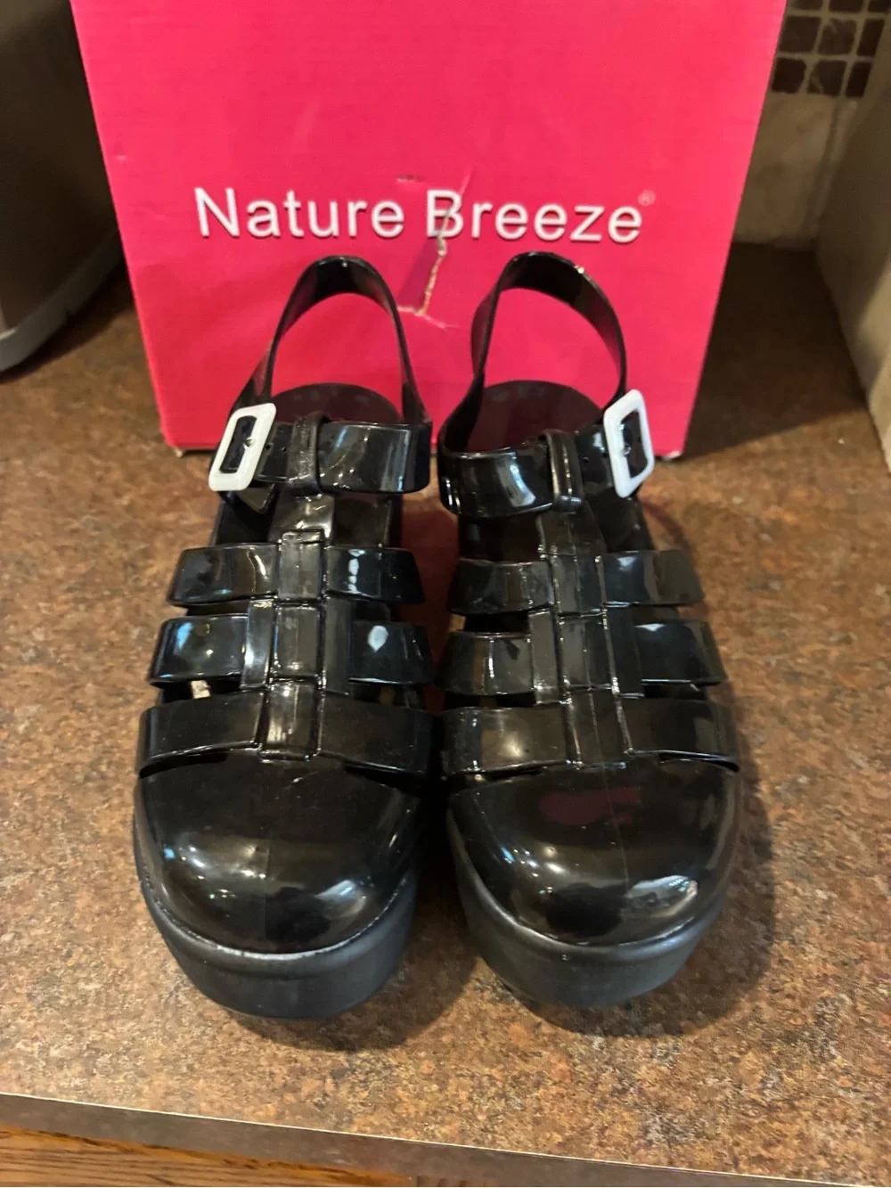 Nature Breeze Black Platform Fisherman Sandals with White Buckle